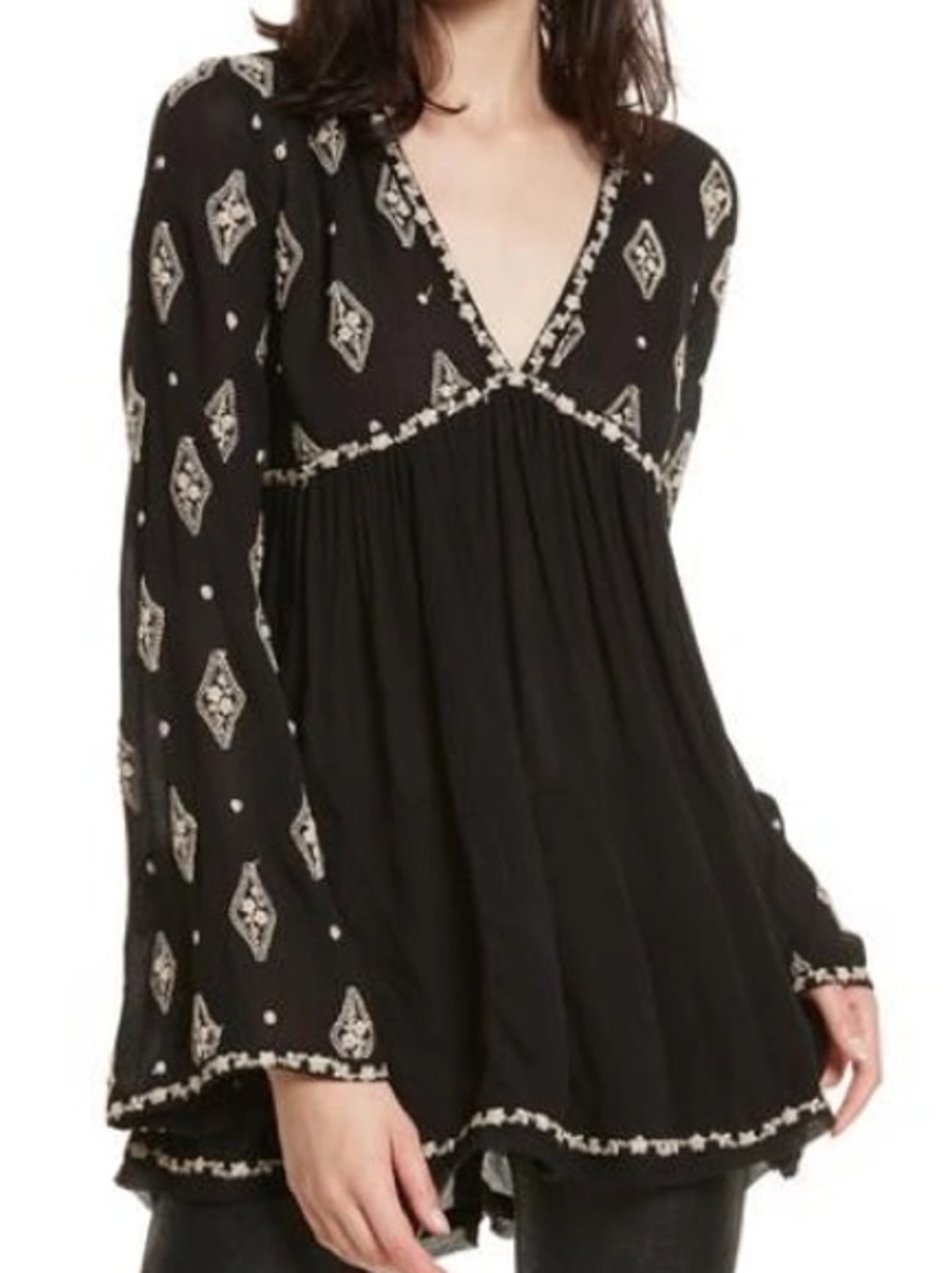FREE PEOPLE Embroidered V-Neck Boho Tunic